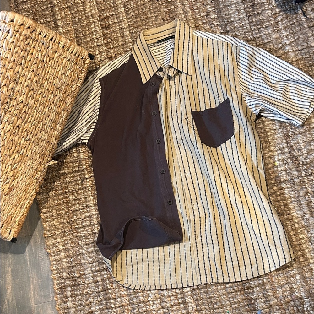 Le Jean De Marithe Francois Girbaud Striped Color Block Short Sleeve Dress Shirt